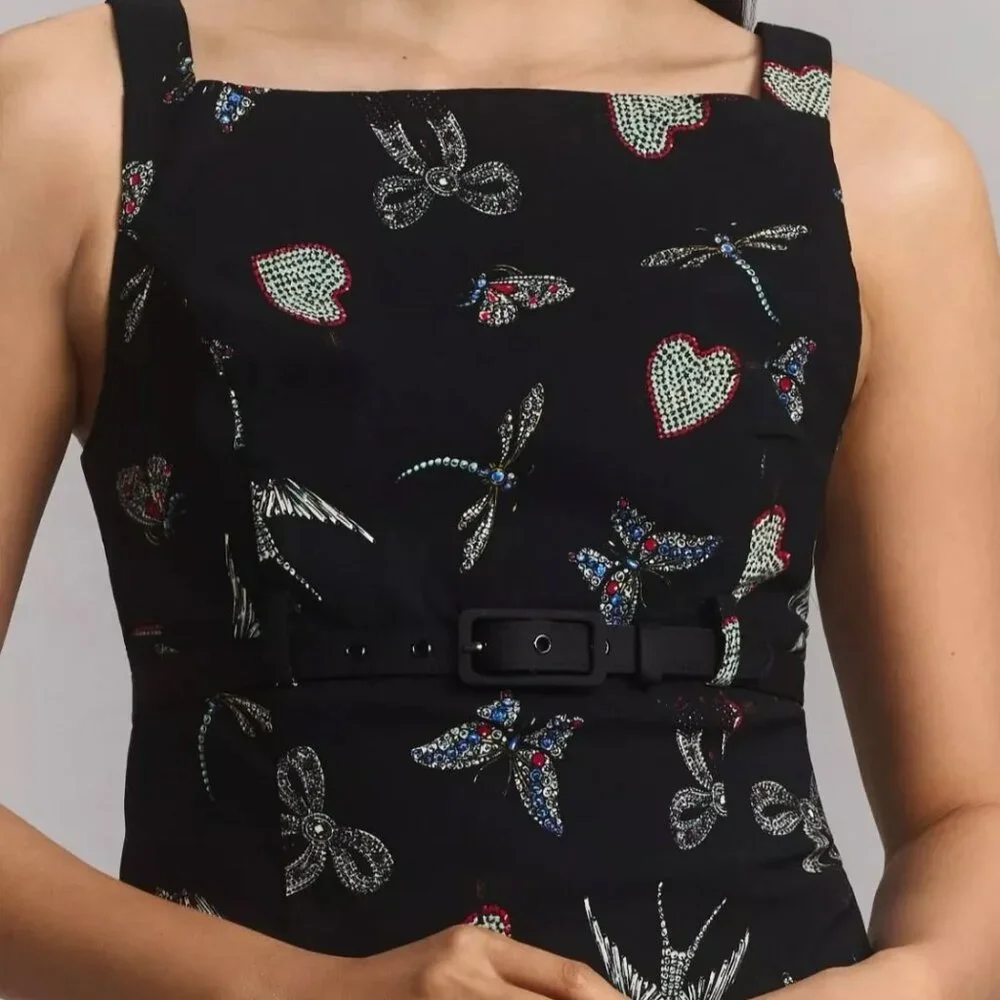 NWT Anthropologie Maeve Boat Neck Belted Mini Dress Jewelry Print Size 0 - Picture 2 of 5